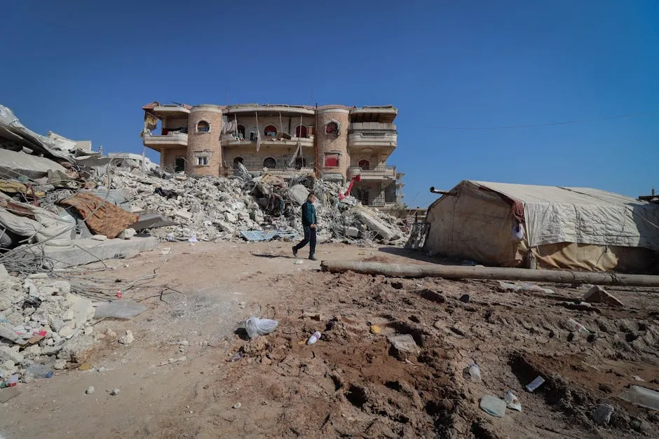 A war-torn landscape showing destroyed buildings and rubble in Idlib, Syria.