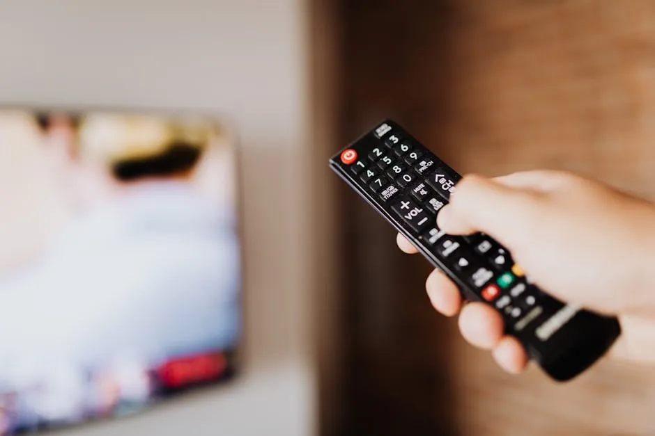 Close-up of a person using a TV remote with a blurred background indoors.