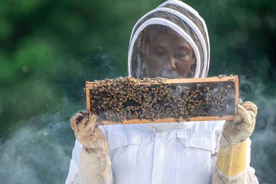 Woman in White Protective Clothing Holding Beehive