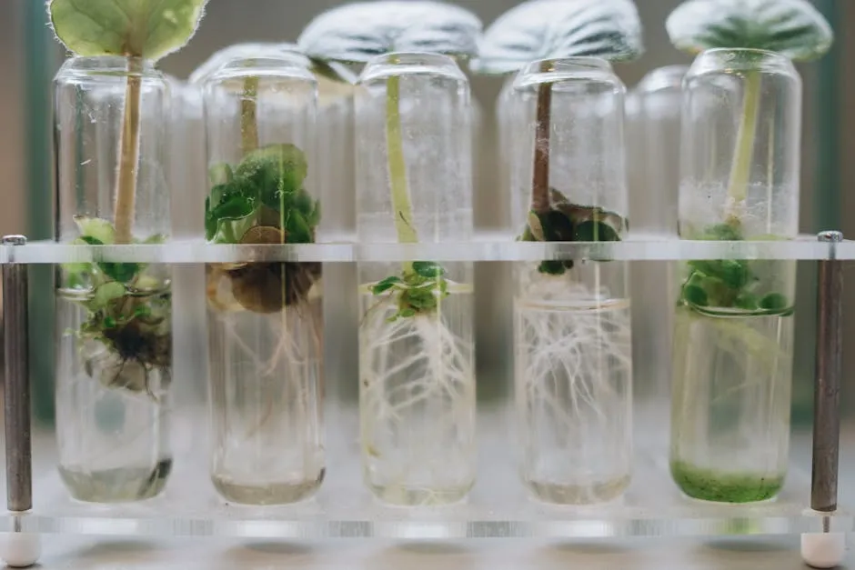 Close-up of plant tissue culture in laboratory test tubes showcasing micropropagation.