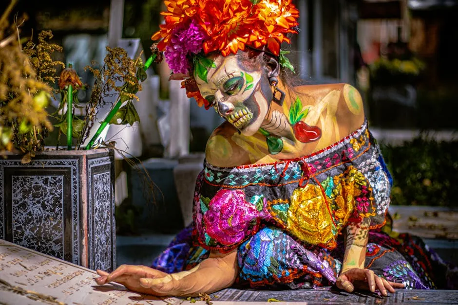 Colorful Day of the Dead Catrina with artistic makeup in a cemetery setting.