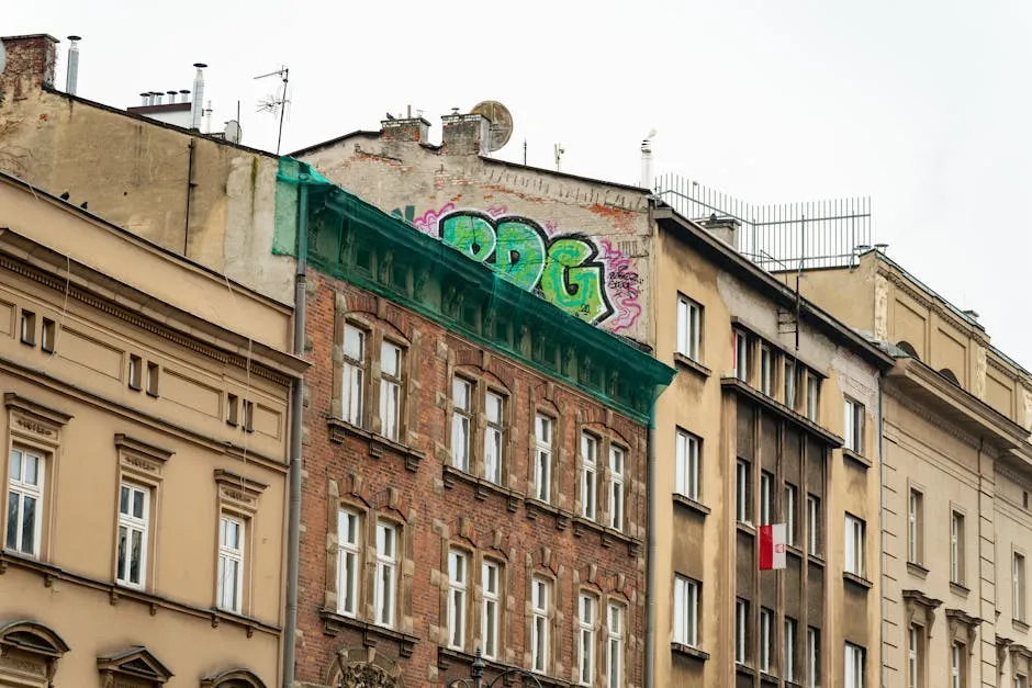 Colorful graffiti on historic buildings in Kraków, Poland, showcasing urban art contrasting old architecture.