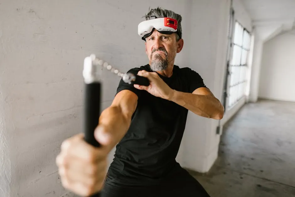 Elderly man practicing with nunchucks while wearing virtual reality headset indoors.