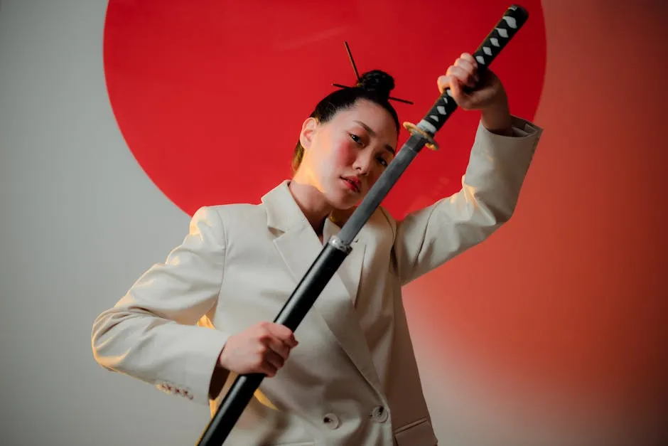 Portrait of an Asian woman in a blazer unsheathing a sword with modern artistic styling.