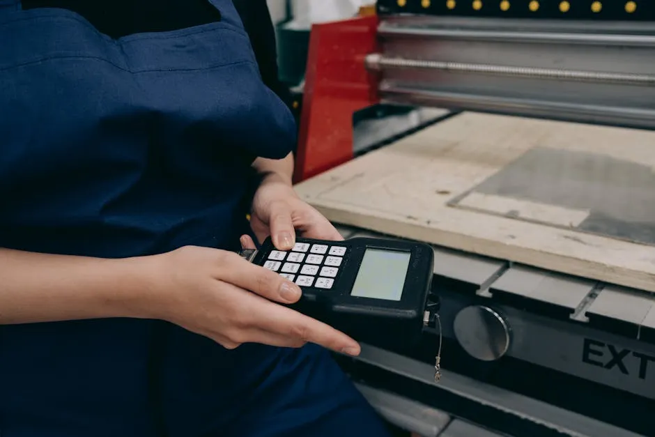 Close-up of a technician using a digital controller in an industrial setting, emphasizing technology and precision.