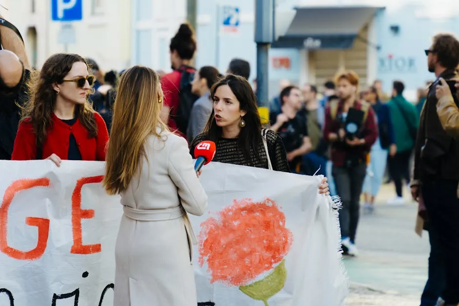 Women Holding a Banner Getting Interviewed