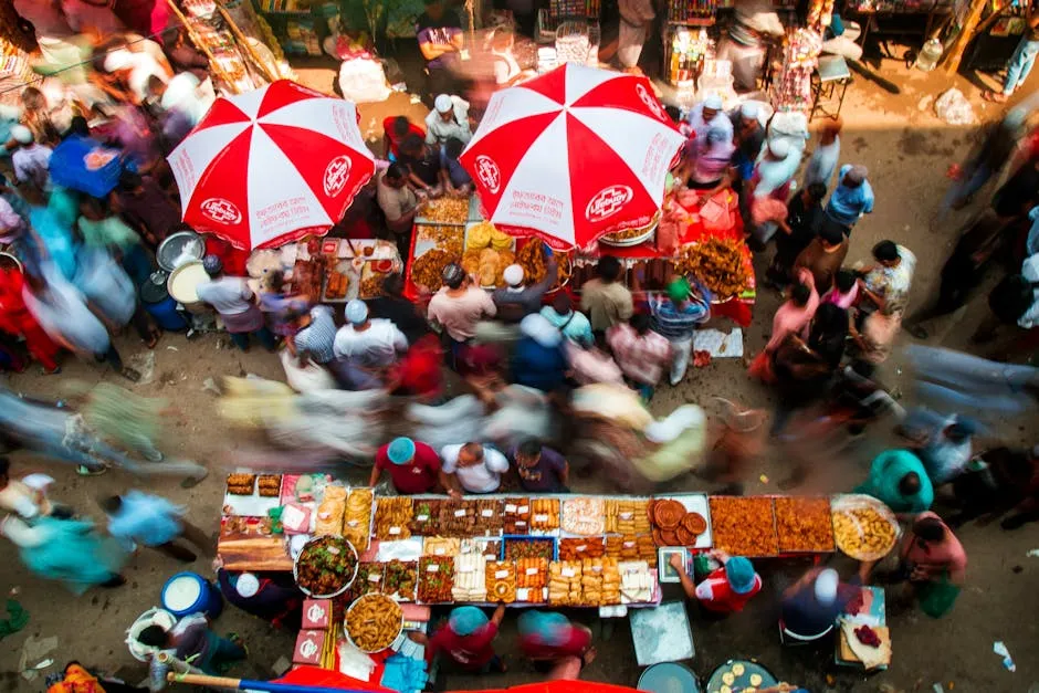 A bustling street food market captured with motion blur, showcasing vibrant energy and traditional cuisine.