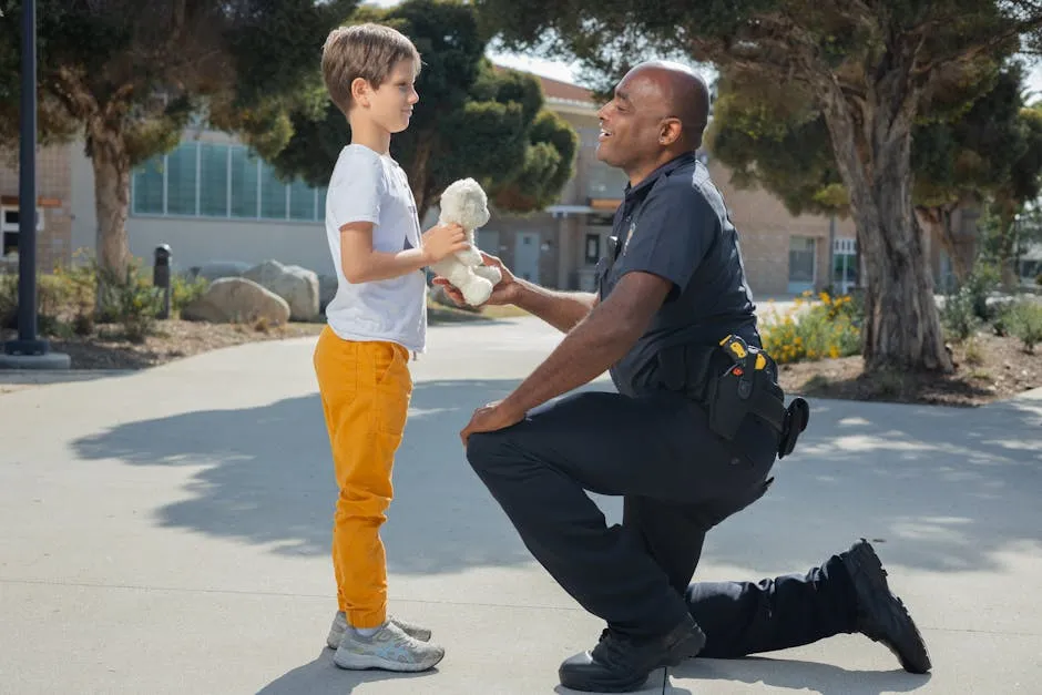 Police officer kneeling and engaging with a child holding a teddy bear in a park setting.