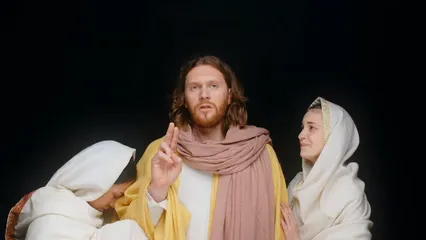 Horizontal video: Women praying while leaning on jesus christ s shoulder 8469183. Duration: 18 seconds. Resolution: 1920x1080