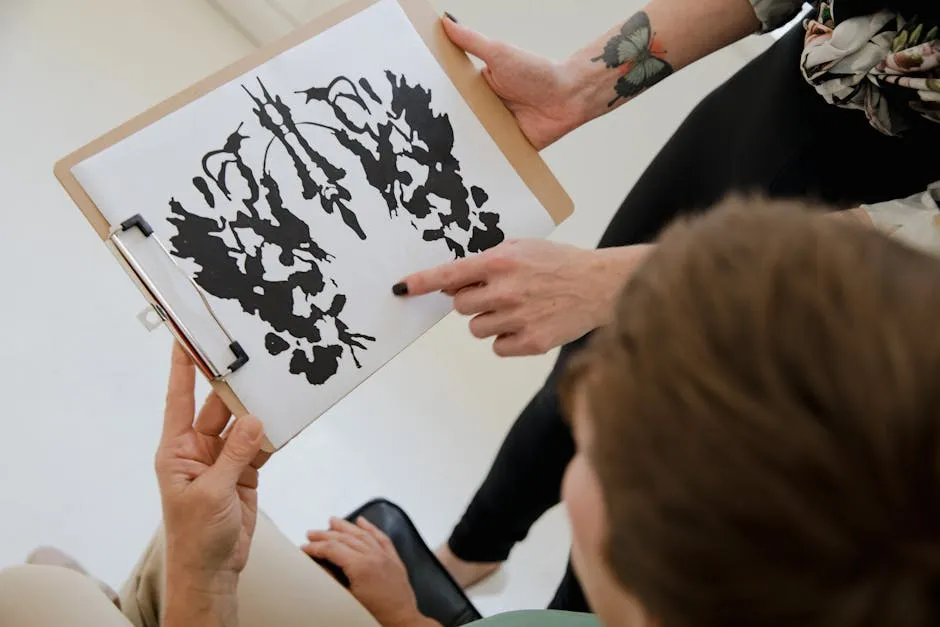 Hands holding a clipboard with an inkblot for psychological analysis.