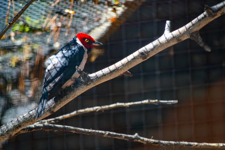 Close-up of a vibrant red-headed woodpecker perched on a branch outdoors.