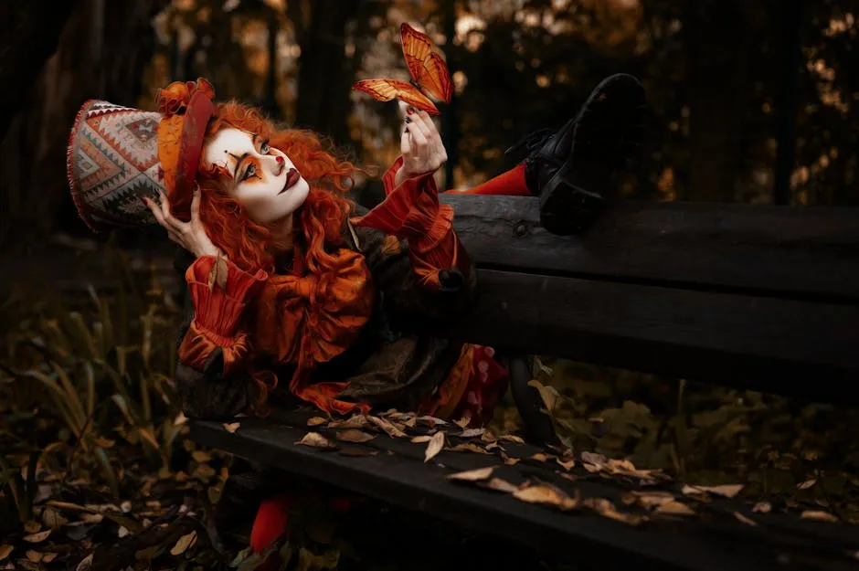 Mad Hatter Cosplay on Bench in Autumn