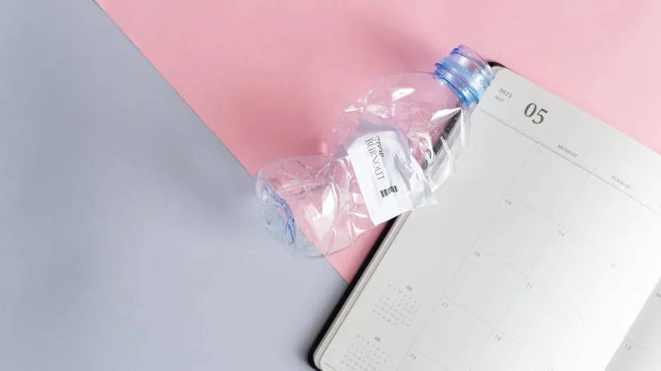 Empty Page in a Calendar and a Scrunched Plastic Water Bottle 