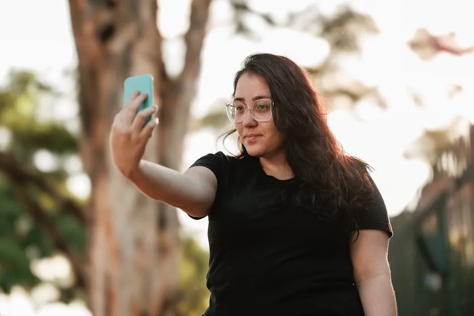 Brunette Woman Taking Selfie with Smartphone in Park