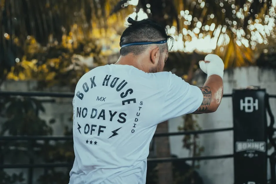 Boxer practicing punches in an outdoor ring, wearing a motivational shirt.