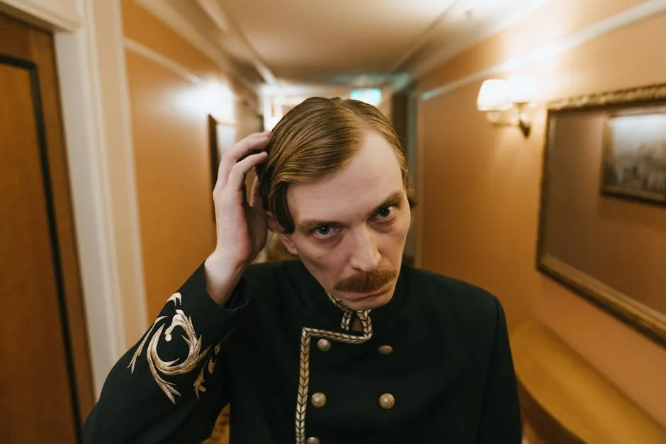 A man with a moustache in vintage attire adjusts his hair in a hotel hallway.