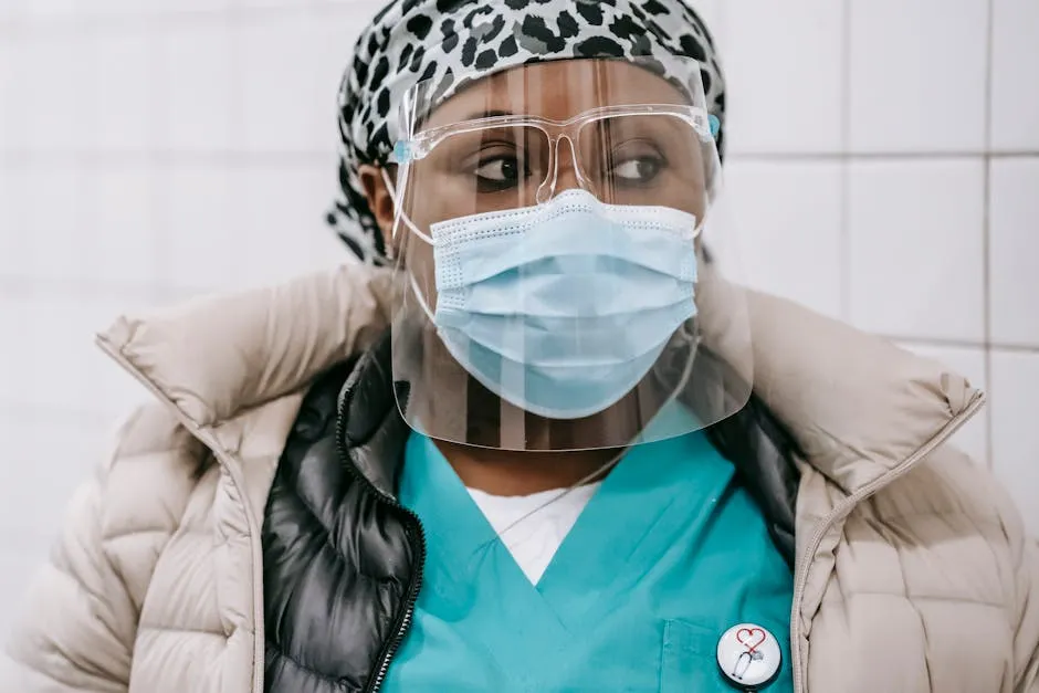 Crop black nurse in outerwear mask and face shield
