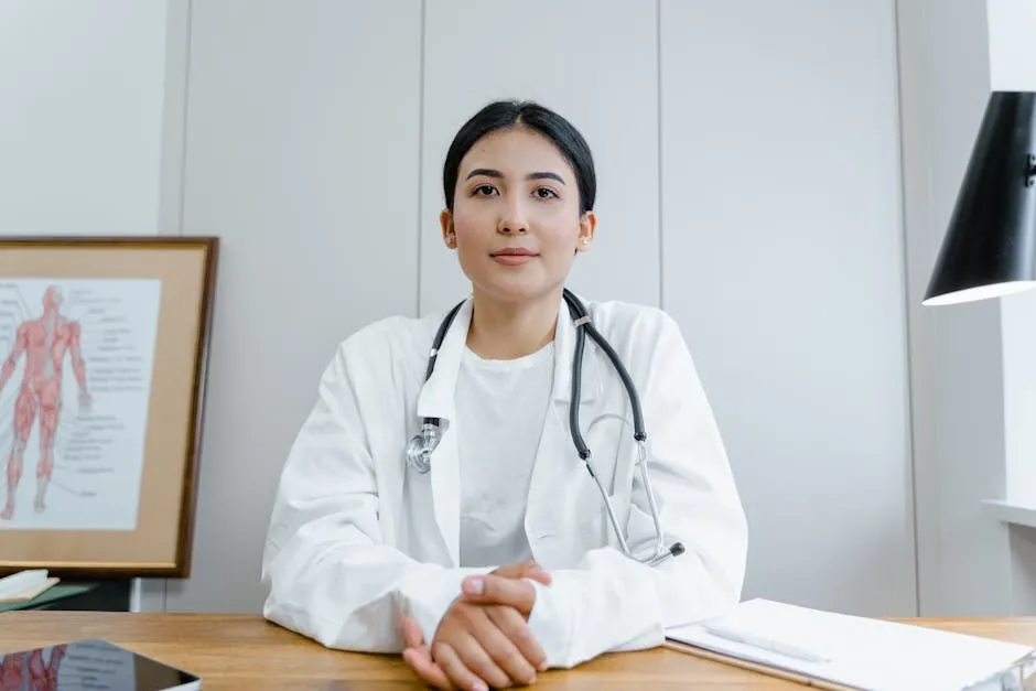 Young female doctor sitting at desk with stethoscope, ready for telehealth consultation.