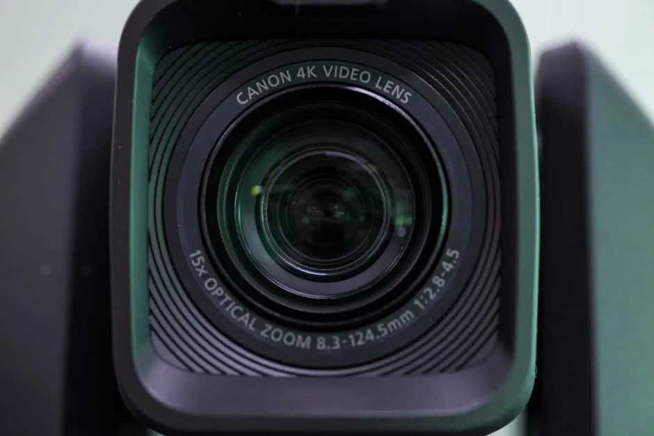 Detailed view of a Canon 4K video lens highlighting its optical zoom and video capabilities.