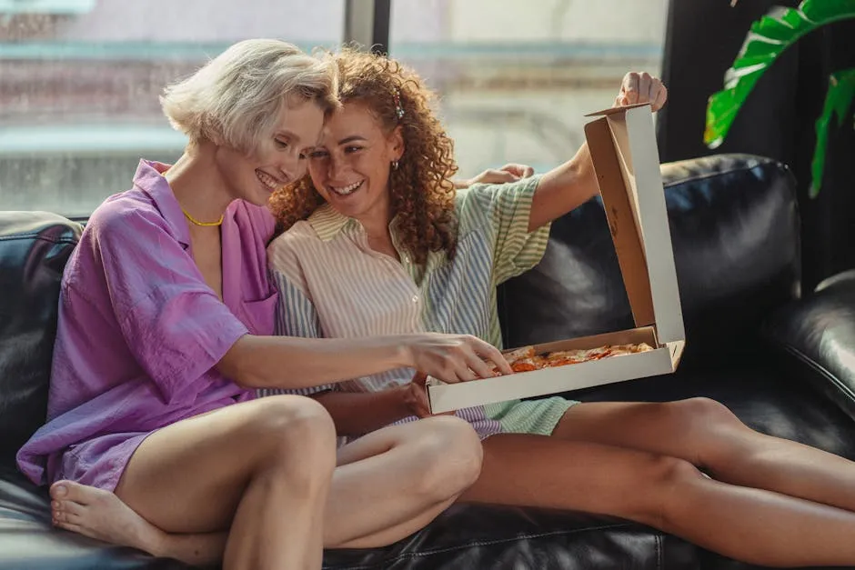 Joyful couple sitting on the couch sharing a pizza, highlighting love and togetherness.