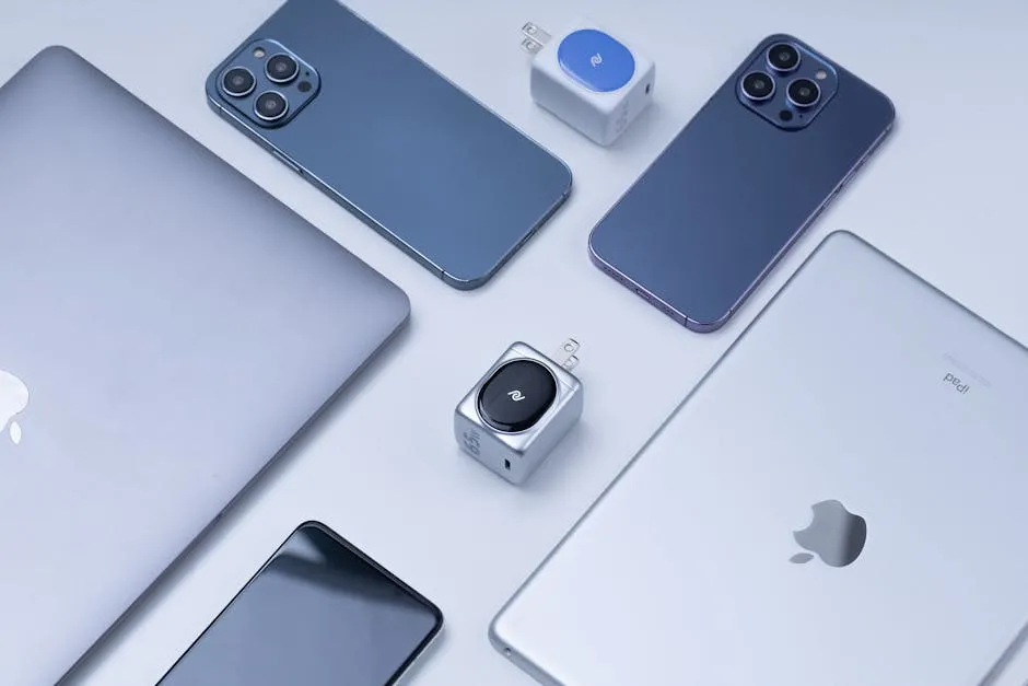 Flat lay of various Apple products including iPhone, iPad, MacBook, showcasing modern technology.