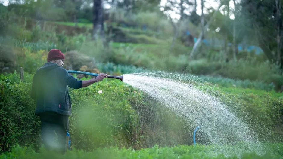 Man Watering a Vegetable Garden Using a Hose 