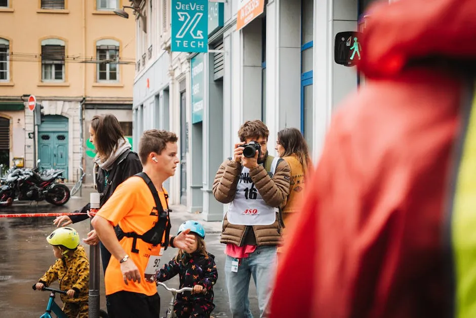 Street photographer captures marathon runners and spectators.