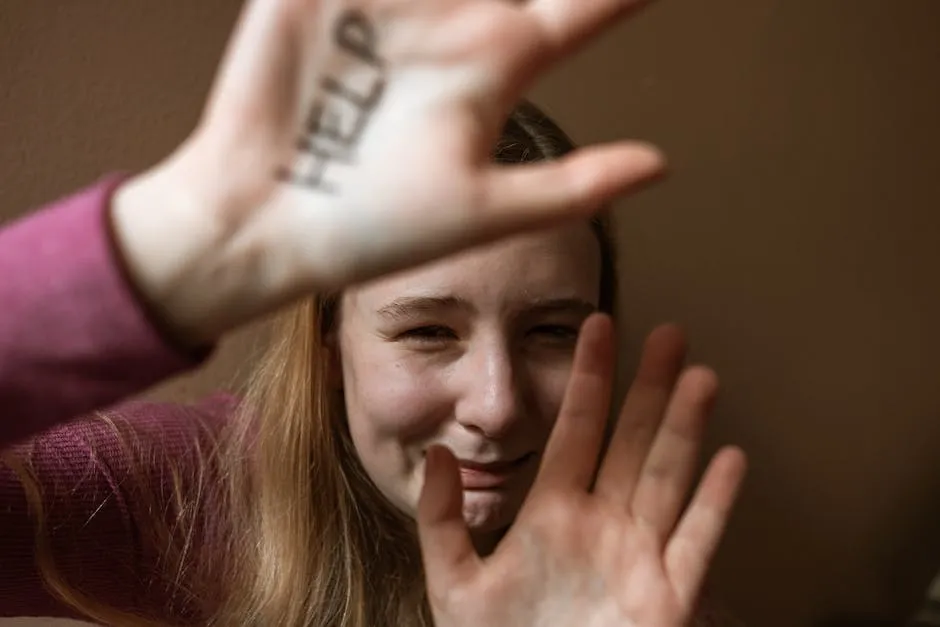 A distressed woman inside displaying 'HELP' message on her hand, seeking assistance.