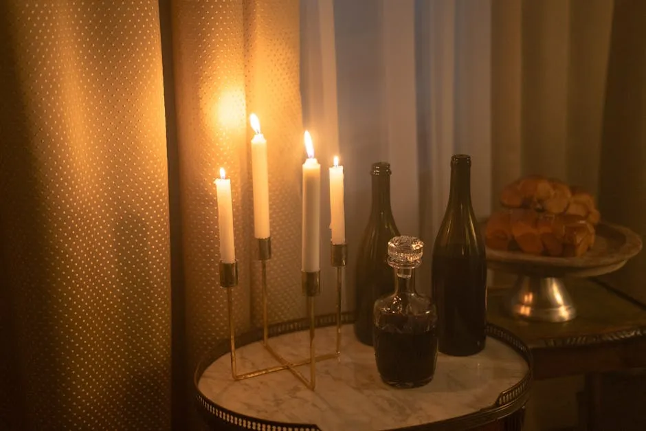 Cozy candlelit setting with wine bottles and challah bread on a festive table.