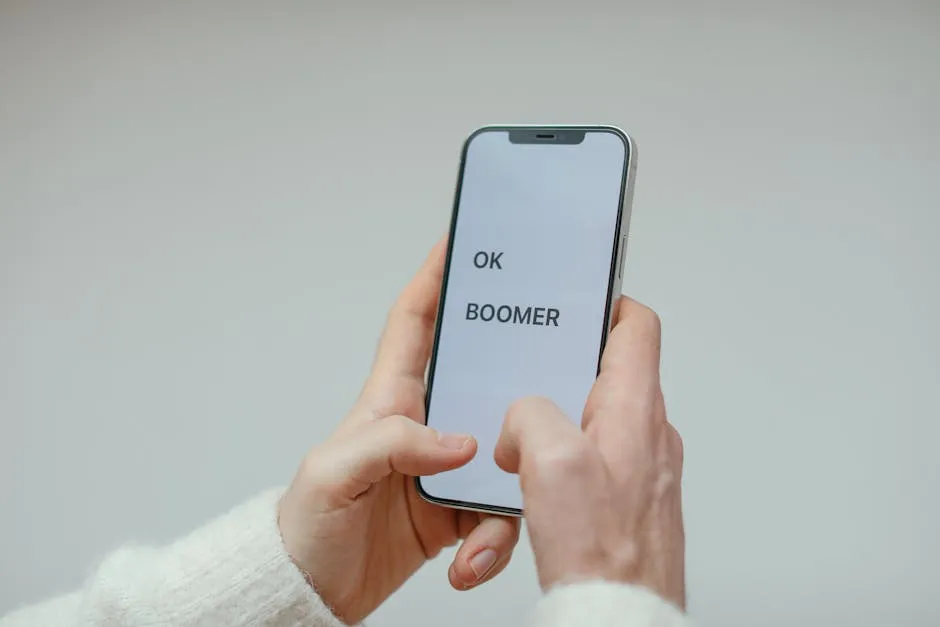 Close-up of a person holding a smartphone displaying 'OK Boomer' against a plain background.