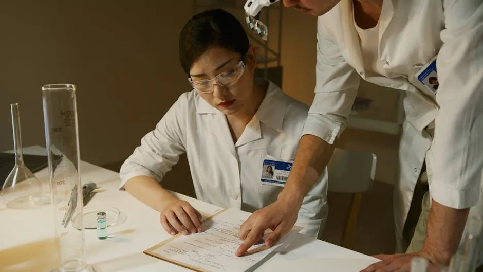 Researchers in lab coats analyzing experimental notes during a scientific study.