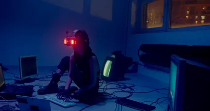 Horizontal video: Woman typing on a keyboard while wearing a vr headset 8721932. Duration: 18 seconds. Resolution: 4096x2160