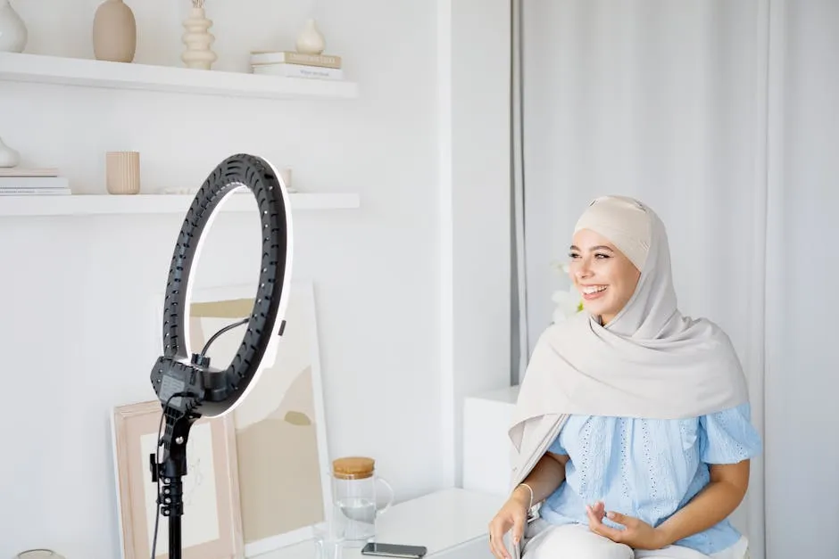 Smiling Muslim woman in hijab vlogging indoors using a ring light.