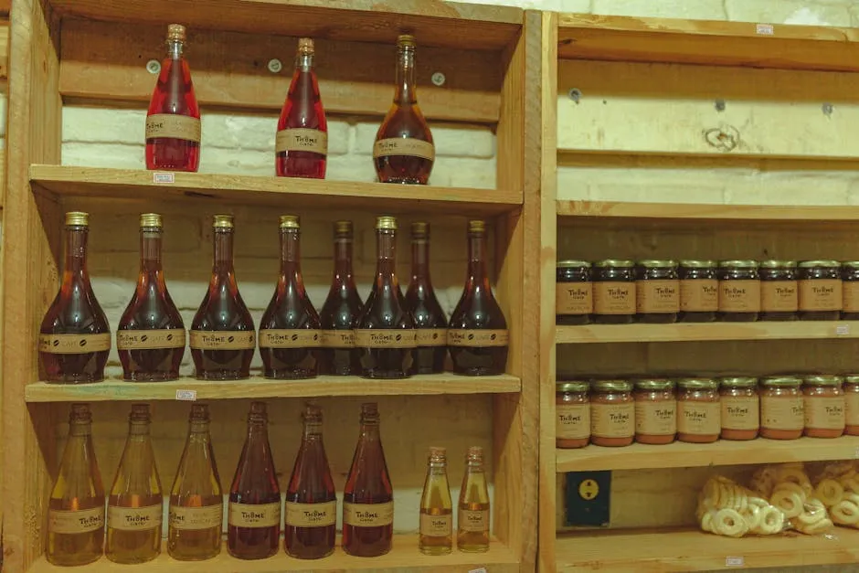 Bottles of Honey in a Wooden Shelf