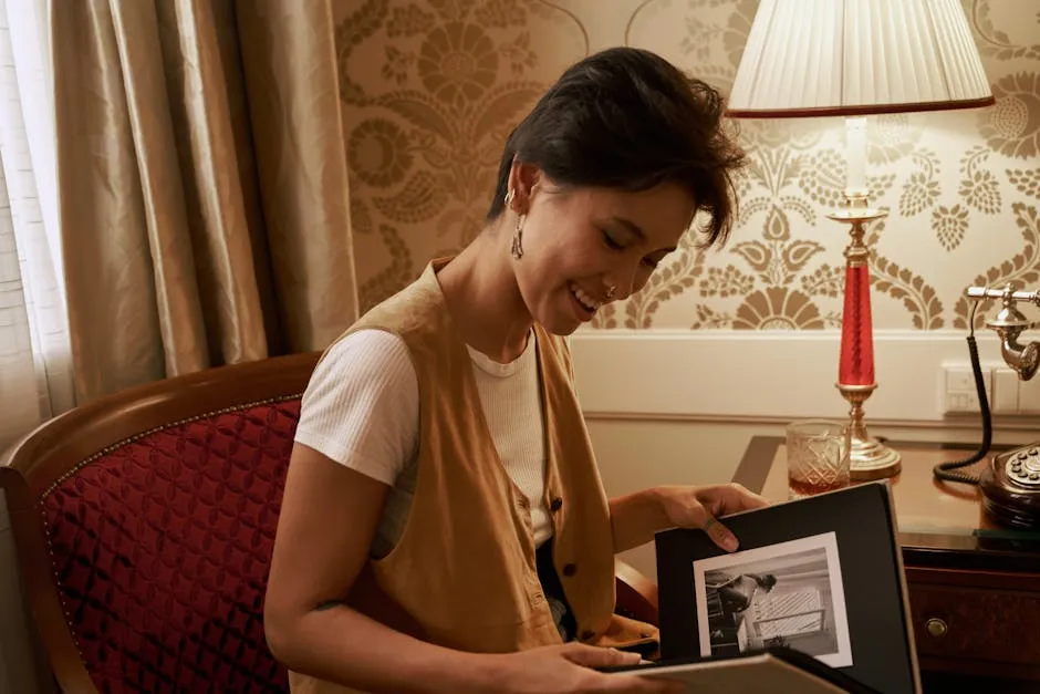 Smiling Woman Watching Photo Album