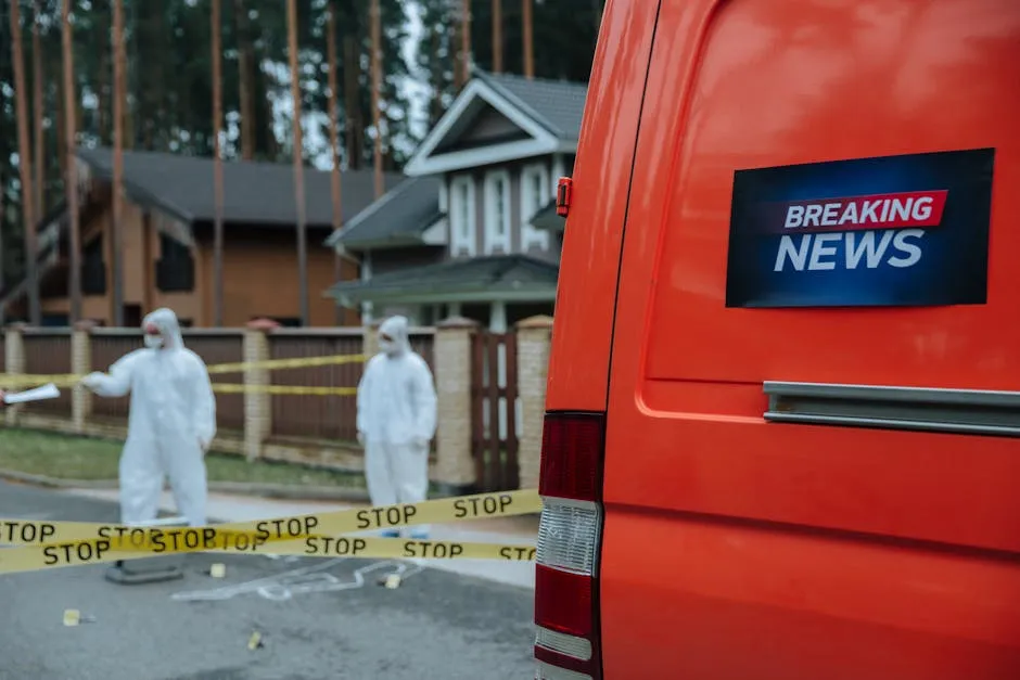 Forensic investigators in protective suits work at a marked-off crime scene near concrete houses.