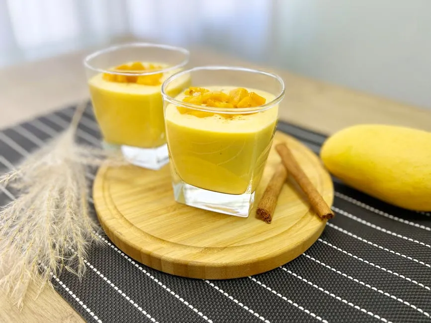 Glasses of Delicious Mango Lassi on Round Wooden Board