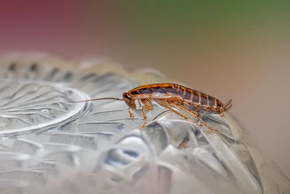 Macro shot of a cockroach on a textured glass surface, highlighting its detailed anatomy.