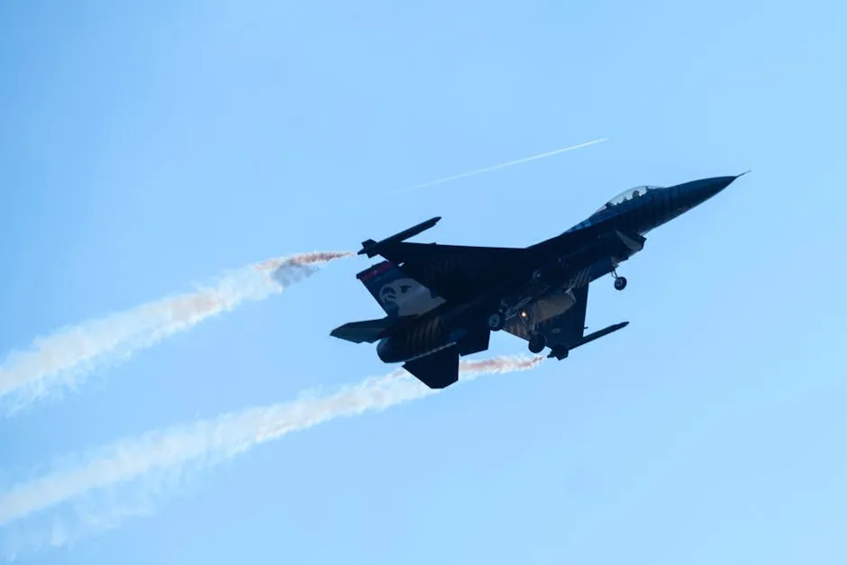 Dynamic shot of an F-16 fighter jet showcasing powerful flight capabilities.