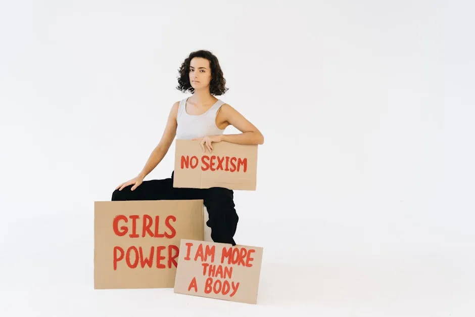 Woman in White Tank Top and Black Pants Sitting With Placards