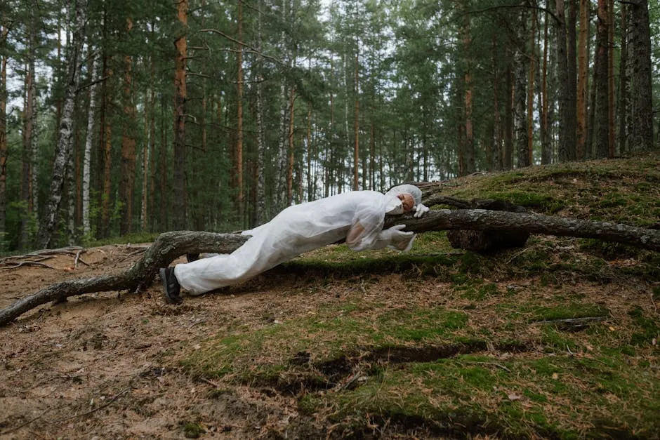 Person in protective gear embracing a tree in a forest, symbolizing environmental care and nature protection.