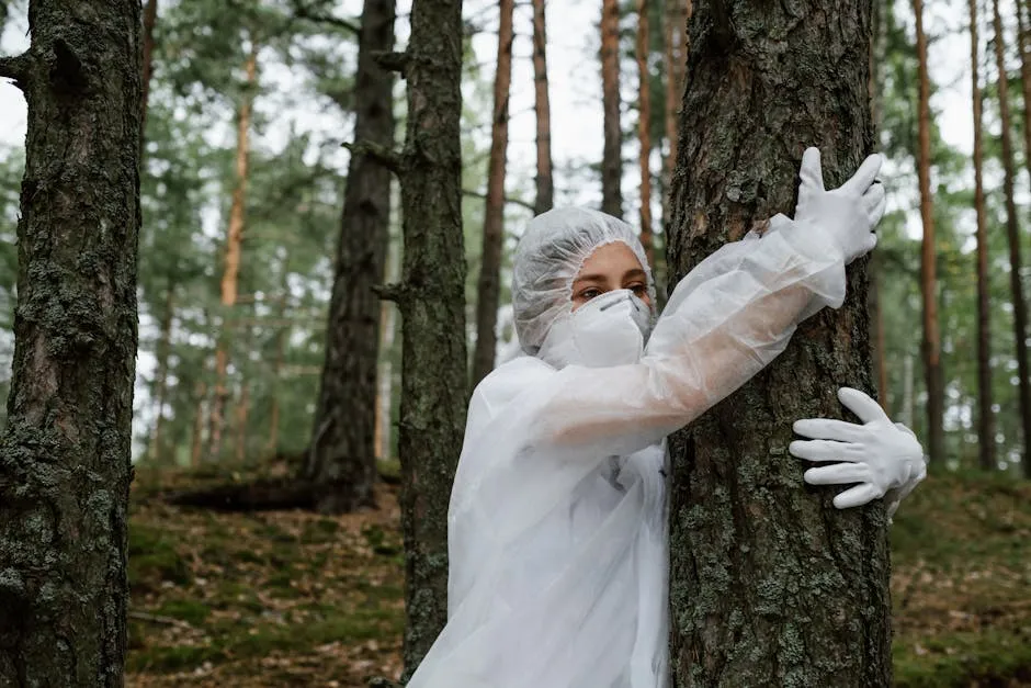 Person in Full Personal Protective Suit Hugging a Tree Trunk