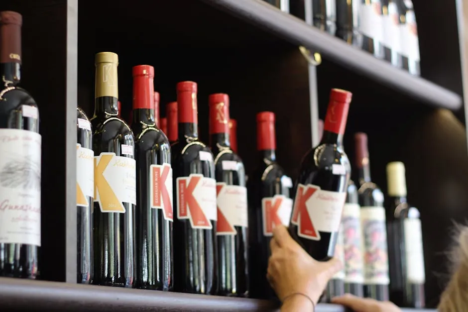 A selection of red wine bottles with bold labels on a store shelf.