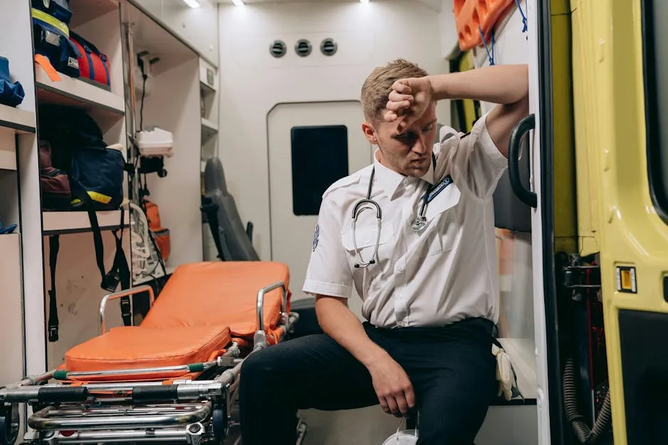 Tired Paramedic Sitting in Ambulance