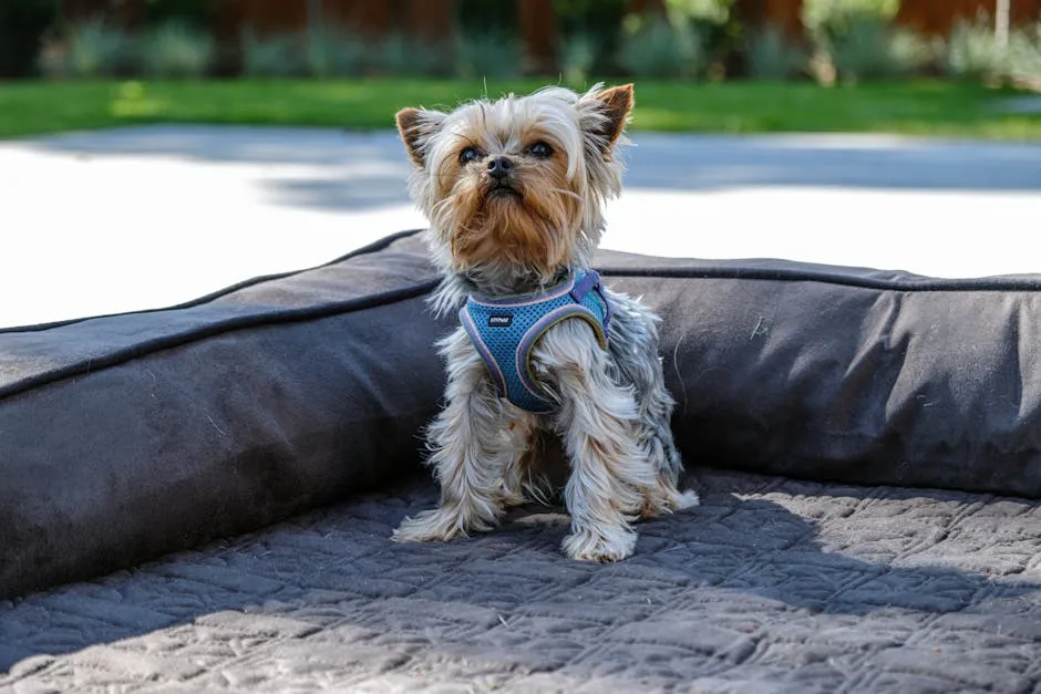 Adorable Yorkshire Terrier sitting on a comfortable outdoor dog bed.