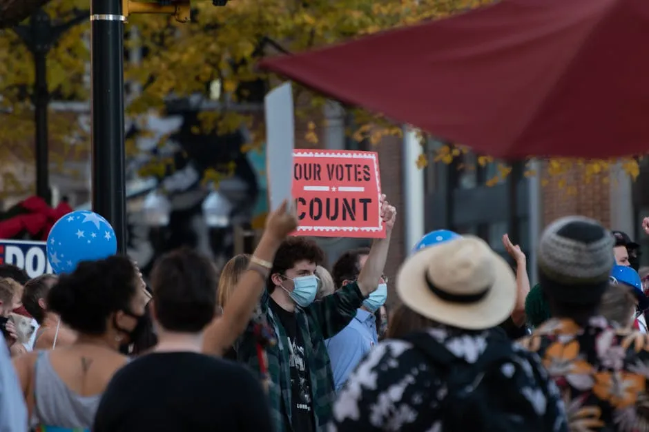 A group of protesters holding a sign promoting vote counting. Diverse adults in an outdoor setting.