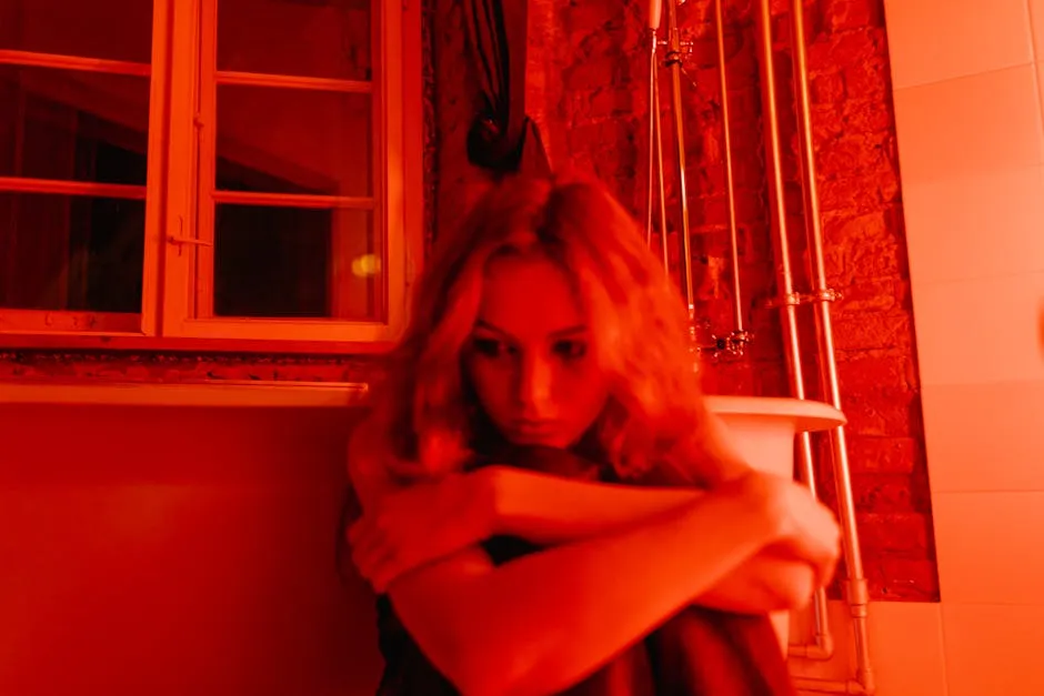 Woman sitting alone in a red-lit room, hugging her knees, conveying emotional depth.