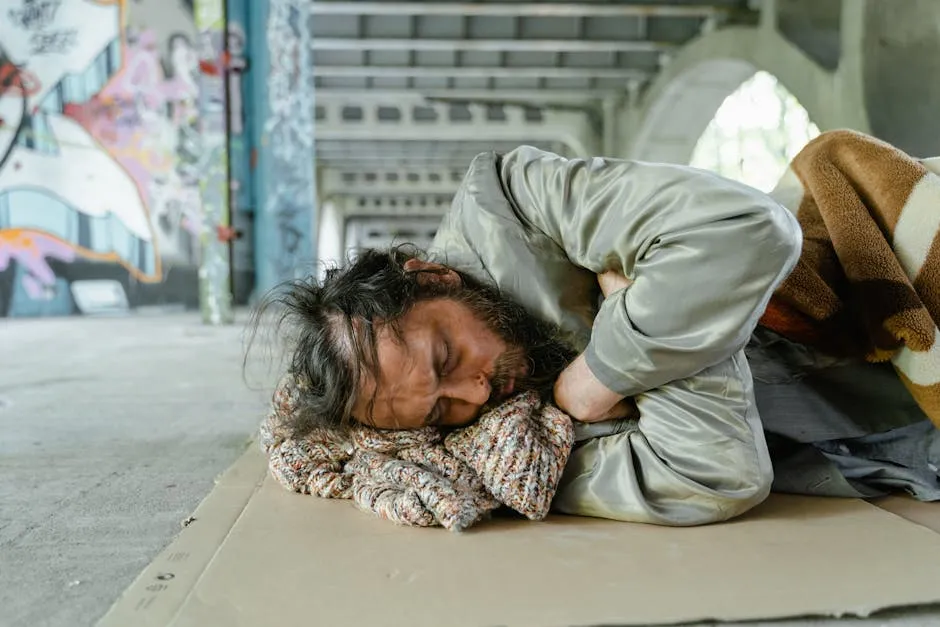 A homeless man sleeping on cardboard under a bridge, highlighting urban poverty.