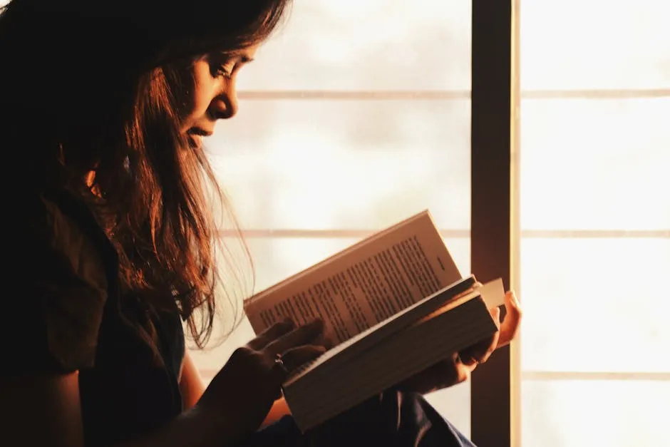 A woman engrossed in reading a book by a sunlit window creates a serene atmosphere.