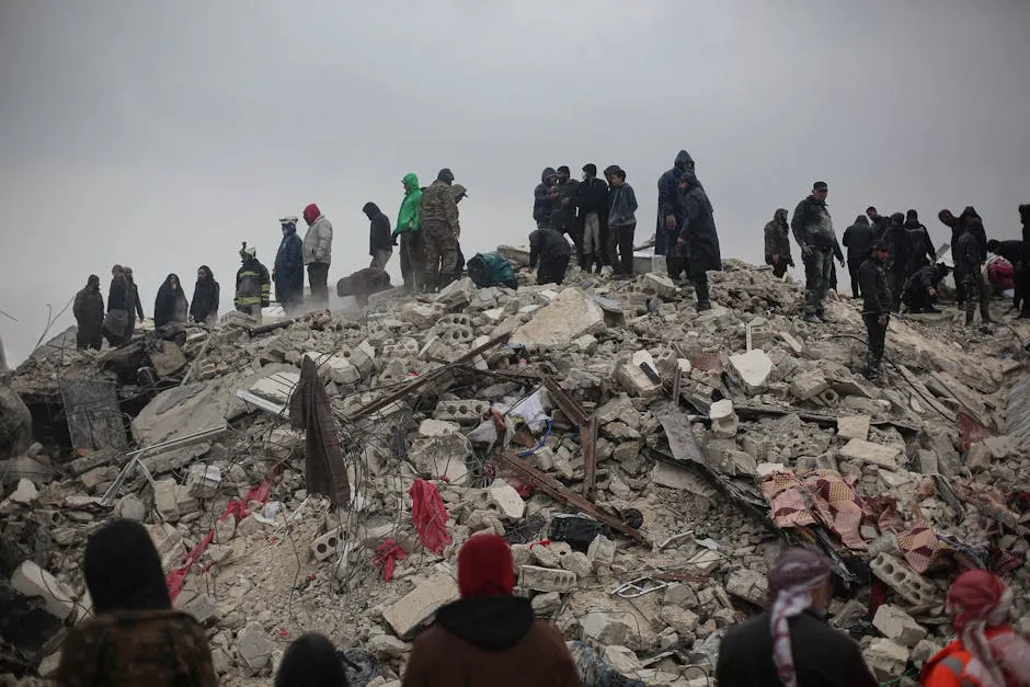 Survivors and rescuers search through rubble after a disaster in Idlib, Syria.